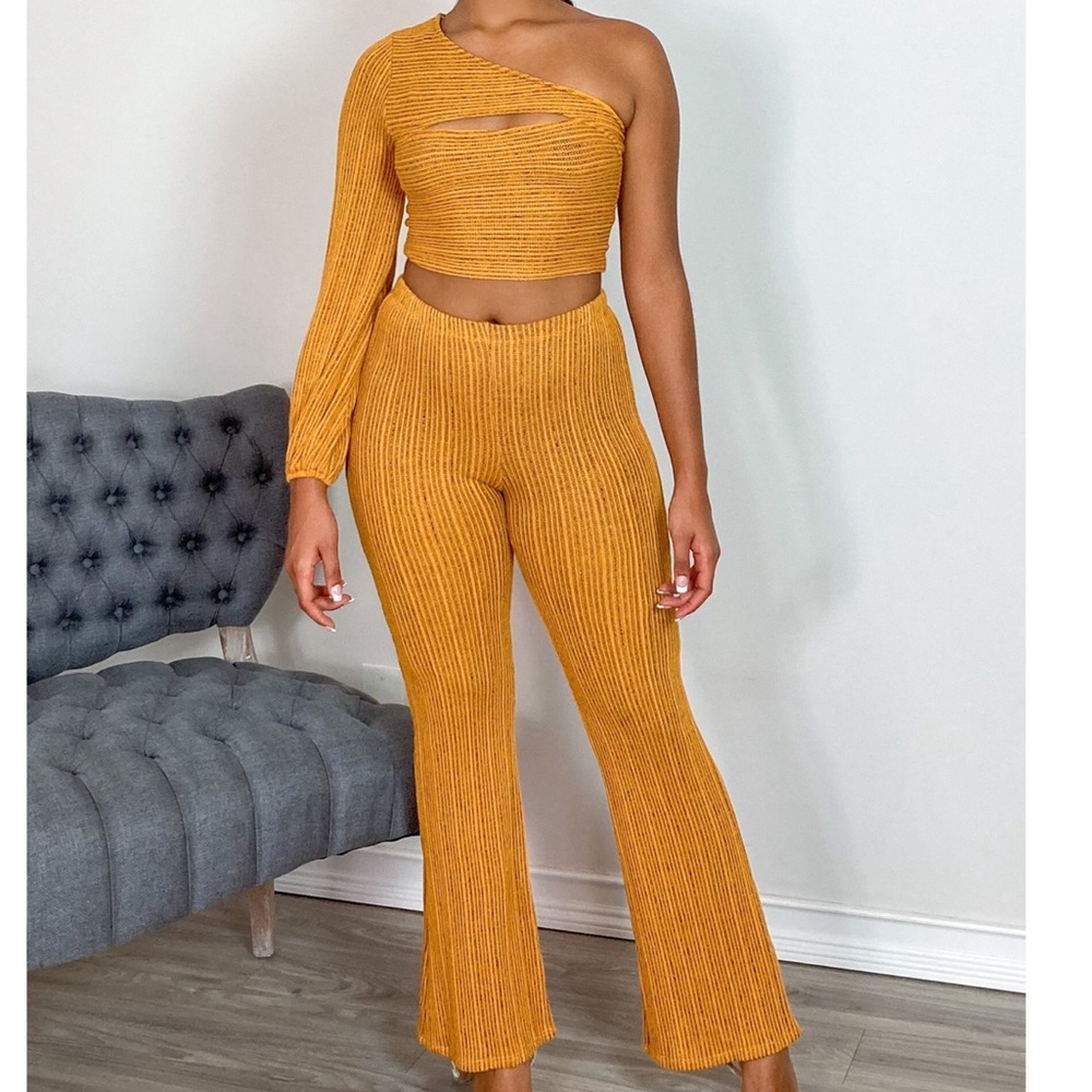Mustard One Shoulder Crop Top & Flare Pants Set